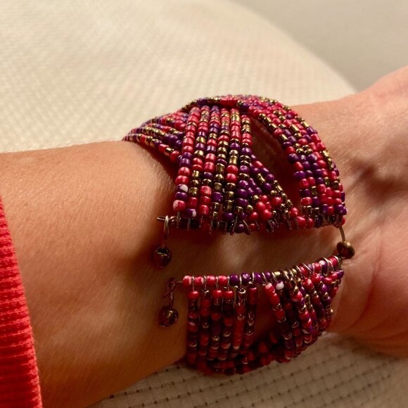 Gorgeous Oversized Boho Beaded Pink Cuff Bracelet - Picture 5 of 11